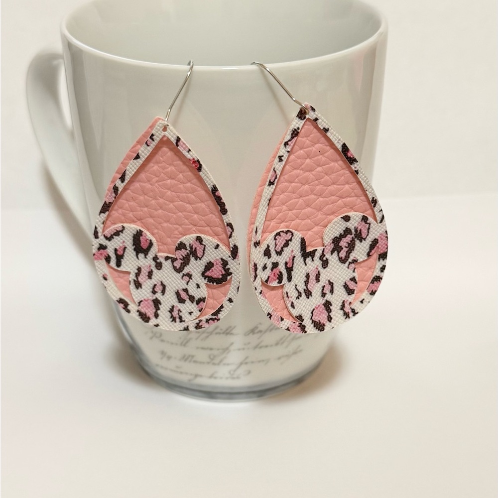 Pink and Leopard Teardrop Earrings Mickey Faux Leather